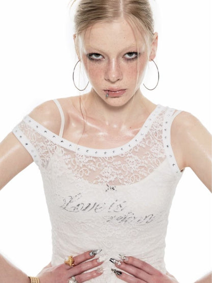 Slant Shoulder Asymmetric Lace See Through Overlay Vest