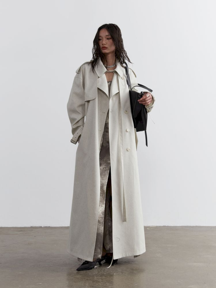 Tie Trim Genderless Long Trench Coat