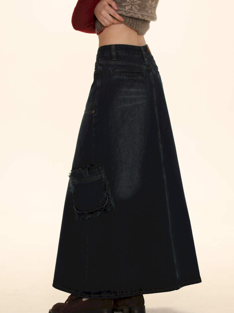 Raw Edge Tabs With Pockets Denim Work Skirt