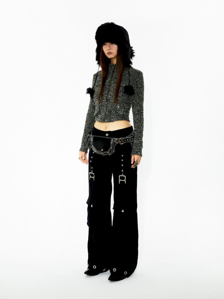 D-ring air eyelets decorated loose thin straight pants