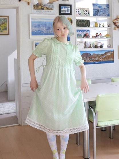 Doll Neck Green Polka Dot Cute Girls Dress