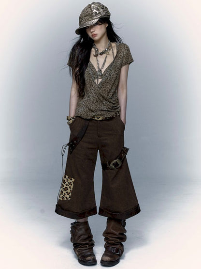 Leopard Leather Loose Low Waist Contour Seven Pants