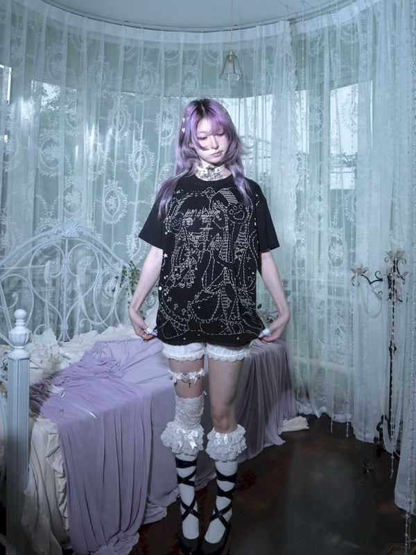 Black and white loose lace T-shirt