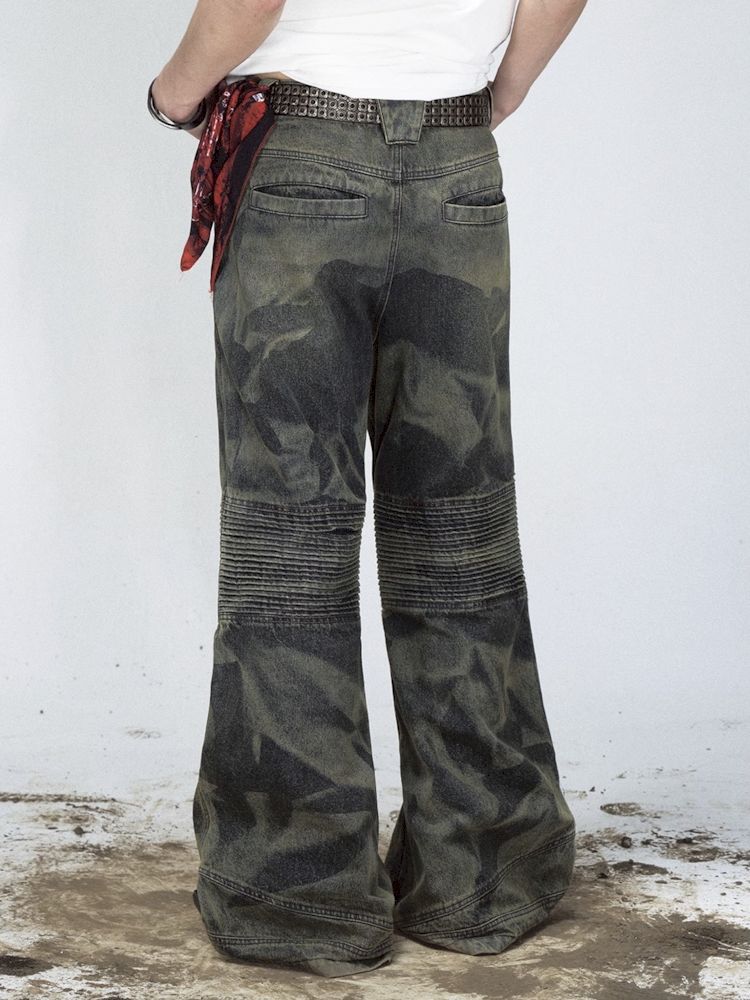 Dirty Dye Frayed Spliced Wide Leg Jeans