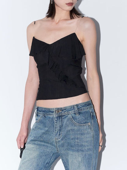 Beaded Transparent Straps Black V-Neck Camisole