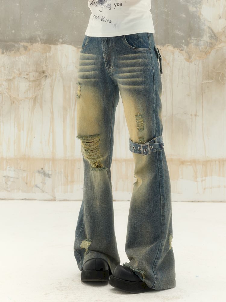 Washed and worn holes low-rise denim pants