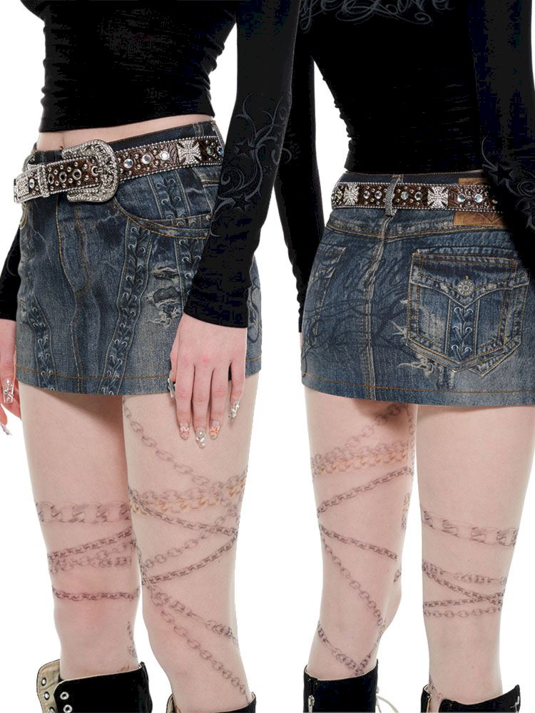 Denim Printed Package Hip Short Skirt