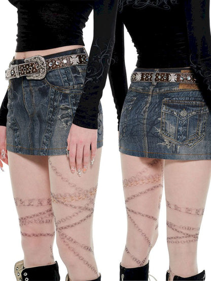 Denim Printed Package Hip Short Skirt