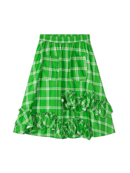 Floral plaid ruffled half-skirt