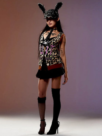 Patent leather embroidered leopard print waistcoat