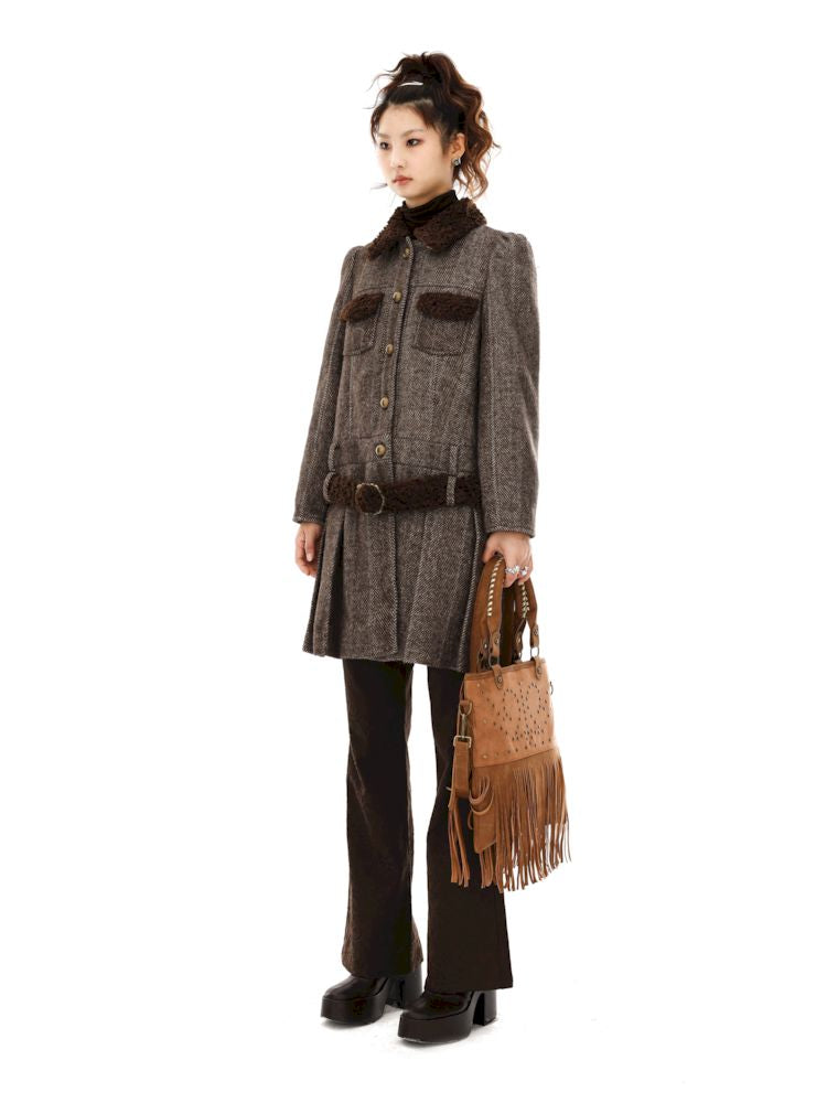 Tweed Single Breasted Coat Jacket Pleated Skirt