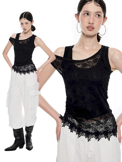 Slant Shoulder Asymmetric Lace See Through Overlay Vest