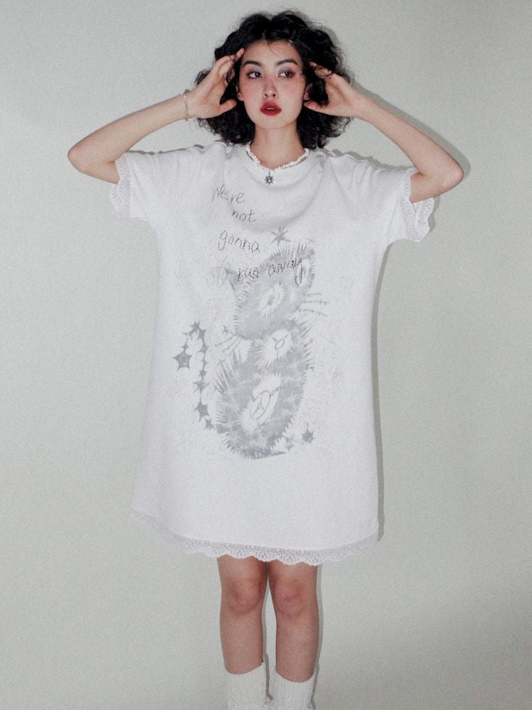 Lace Splicing Printed T-Shirt Dress