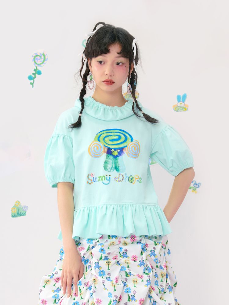 Bubble Sleeve Short Colourful Printed T-Shirt