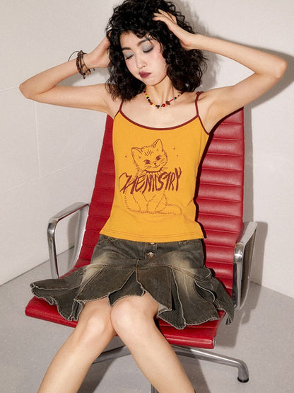 Round Neck Vintage Kitten Print Camisole