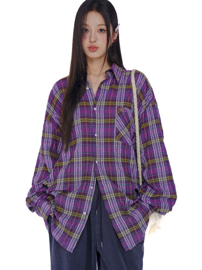 Lazy wind yellow and purple plaid shirt