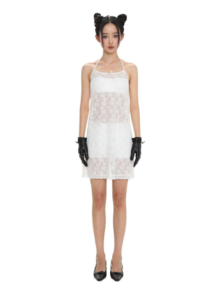 Lace bow thin white neck halter dress