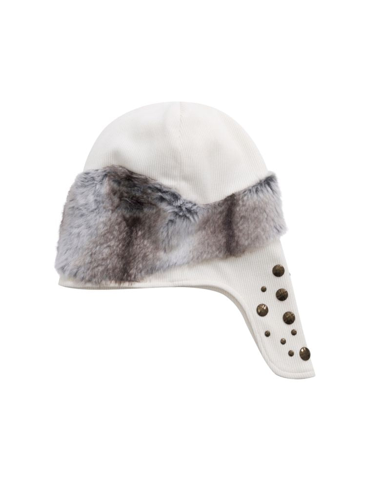 Studded Fur Patchwork Asymmetrical Airplane Hat