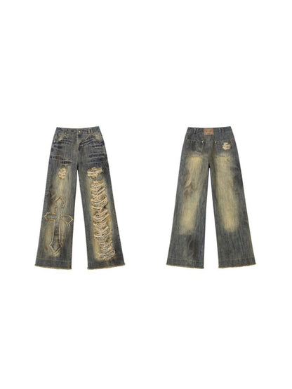 Washed ripped holes loose wide leg jeans