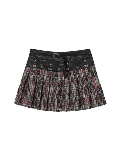 Lace Splicing Plaid Pleated Skirt