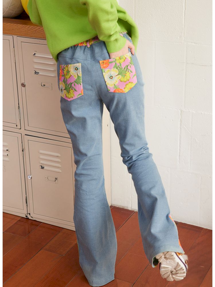 Spliced flowers stretch denim flared pants