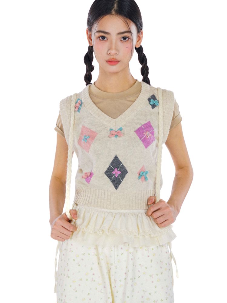 Colourful Bow Ringer V-Neck Short Sleeveless Knit Vest