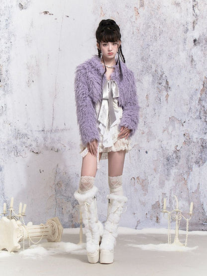 Purple Fox Fur Bow Shoulder Jacket