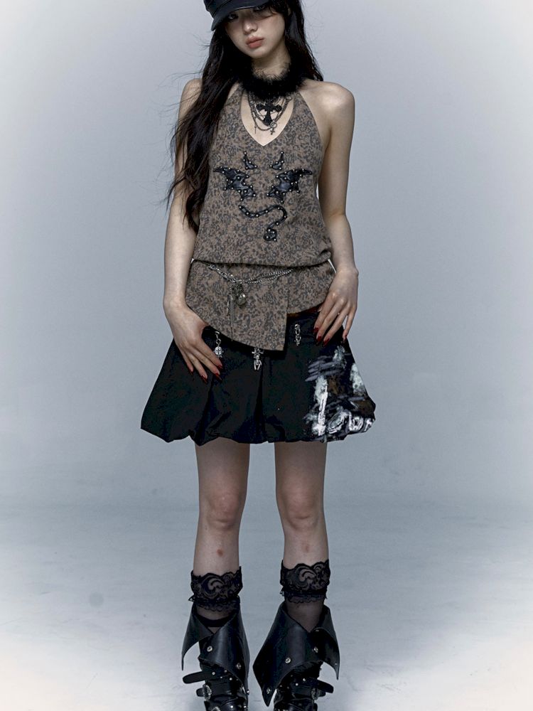 Embroidered Leopard Print Hanging Neck Vest Camisole