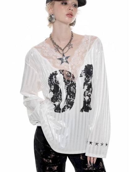 Lace v-neck Printed Design Top