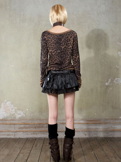 Leopard print one-shoulder shirt