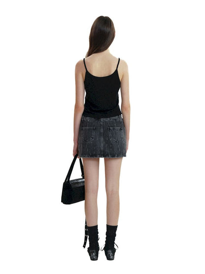 Gradient Spray Horsebit Worn Tie Flower Denim Short Skirt