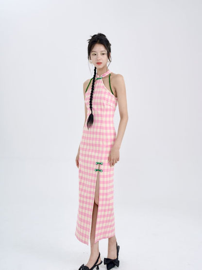 Pink Check Slim Long Cheongsam Dress