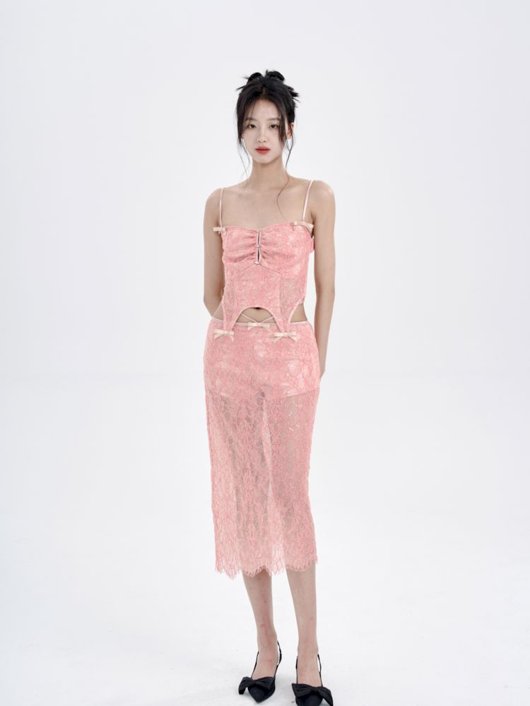 Peach Lace Camisole + Low Waist Lace Half Skirt Set