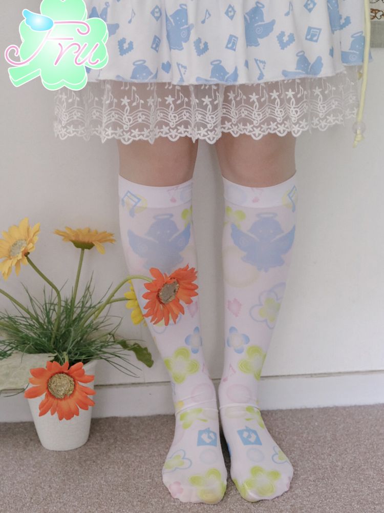 Angel Print White Mid Calf Socks