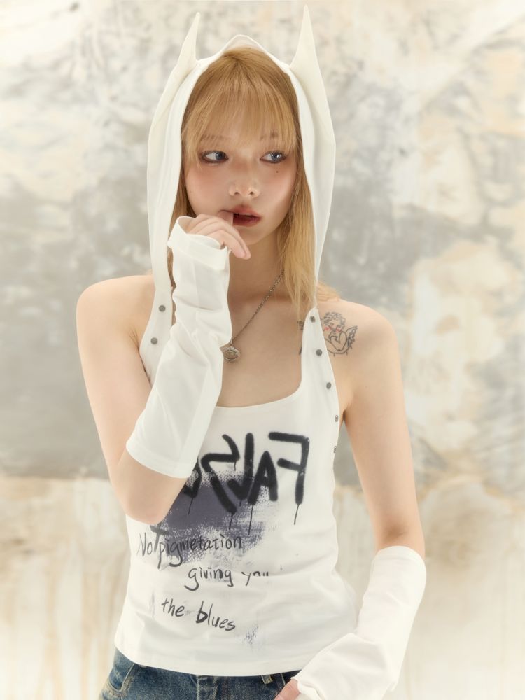 Imp Graffiti Printed Backless Hooded Neck Cami T-Shirt