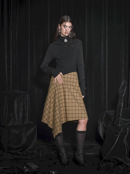 Half Tweed Draped Elegant Plaid Skirt