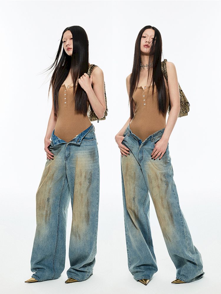 Light blue washed yellow clay-dyed wide-leg jeans