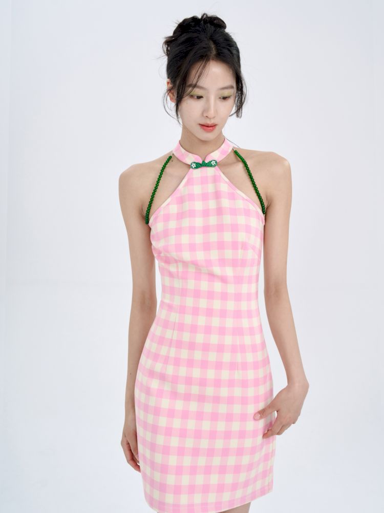 Pink Check Slim Short Dress