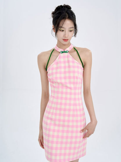 Pink Check Slim Short Dress