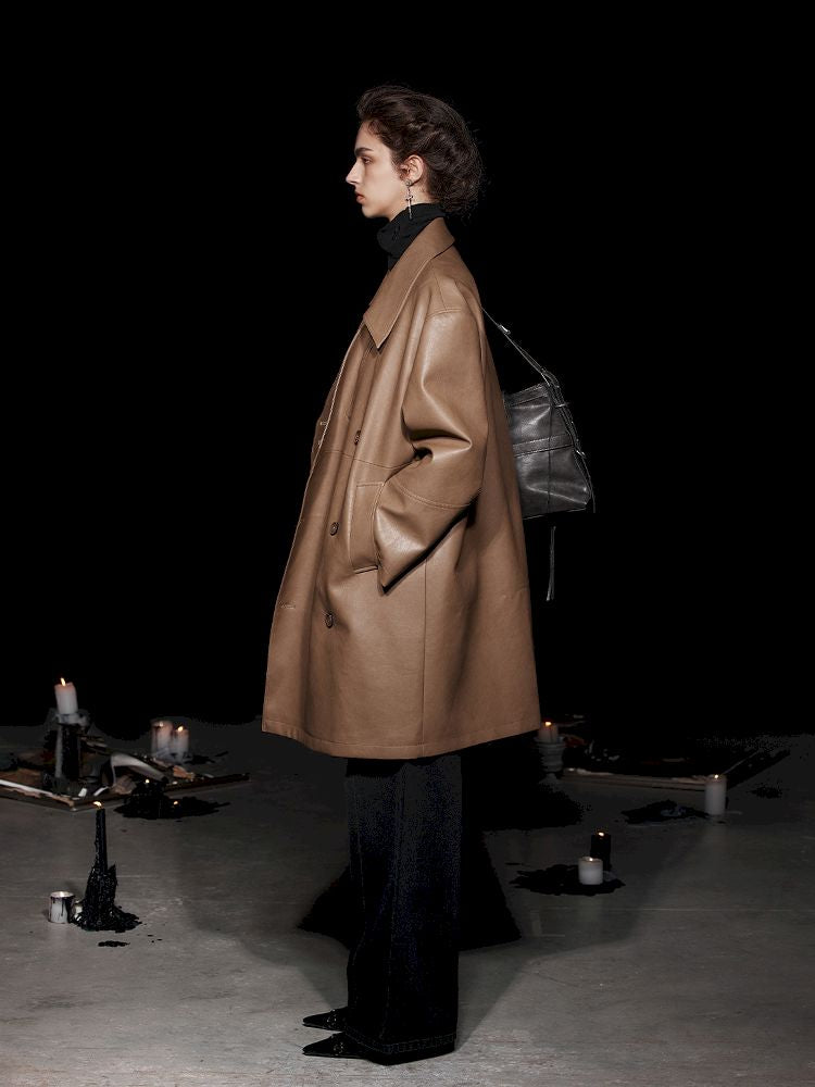 Mid-Length Silhouette Loose Leather Trench Coat