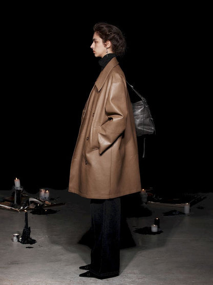 Mid-Length Silhouette Loose Leather Trench Coat