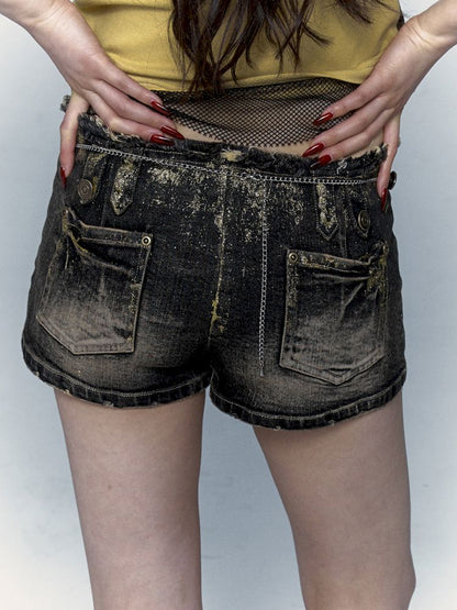 Washed Aged Jeans Black Super Shorts