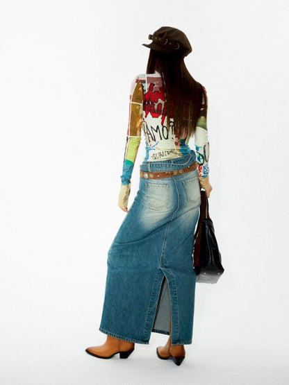 Washed denim slimming straight long half skirt