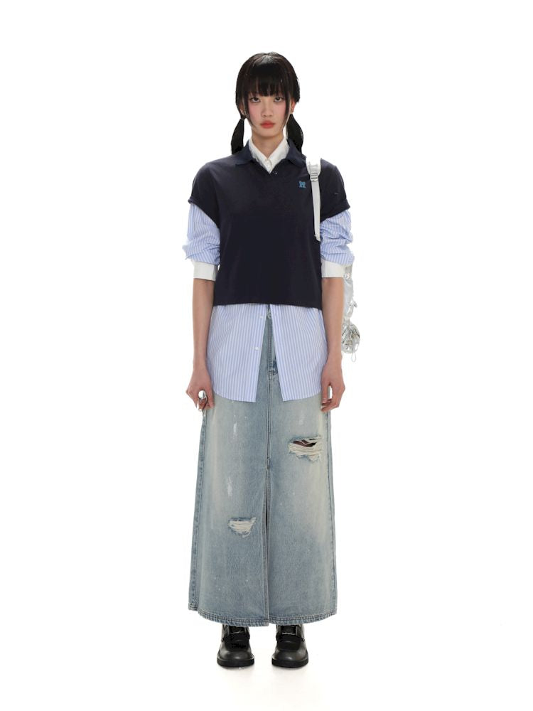 Multiple holes denim long skirt