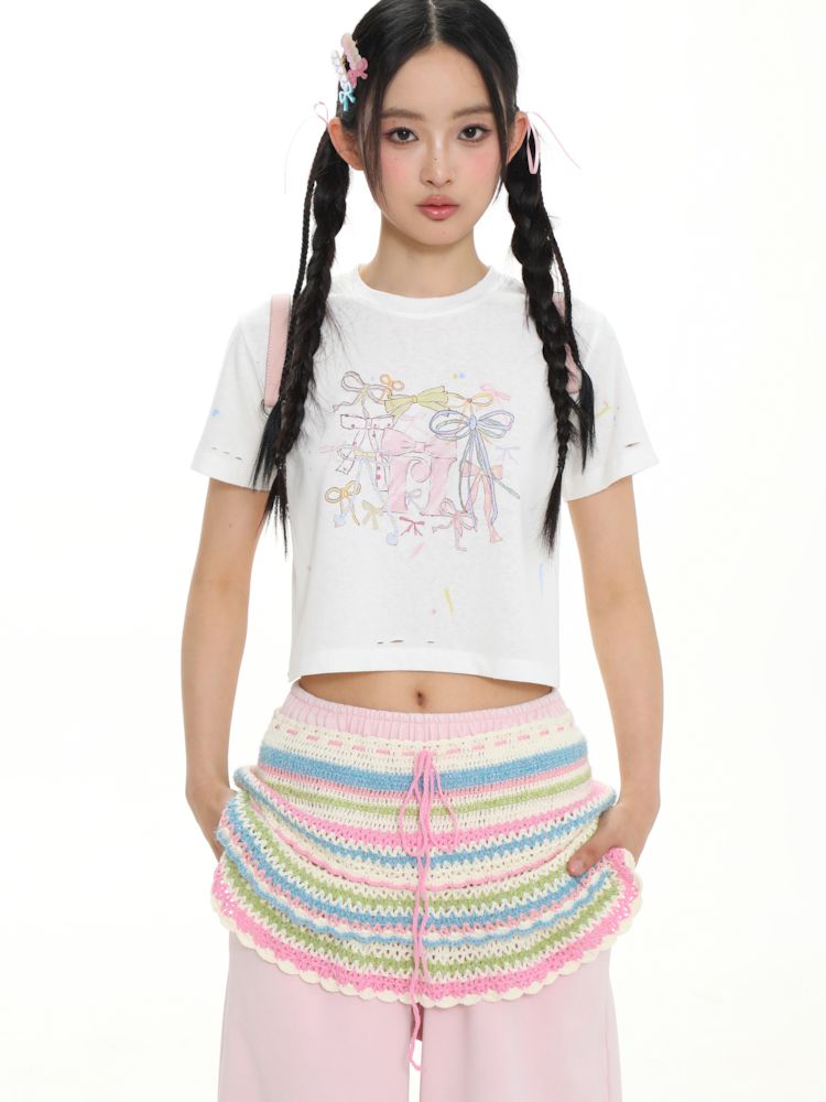 Fantasy colorful bow print short-sleeved T-shirt