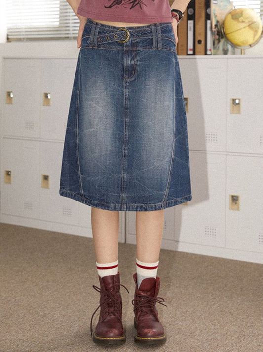 Old washed denim bustier thin A-line skirt