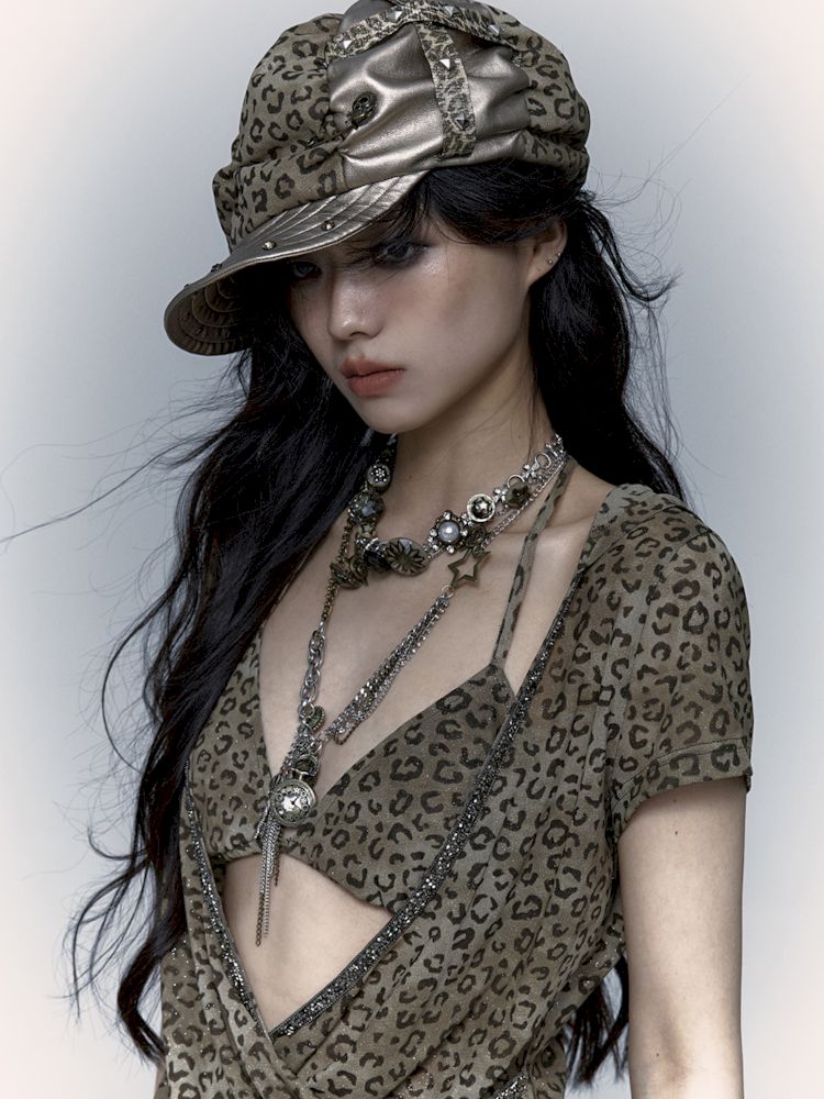 Punk Leopard Print Splicing Rivets Beret