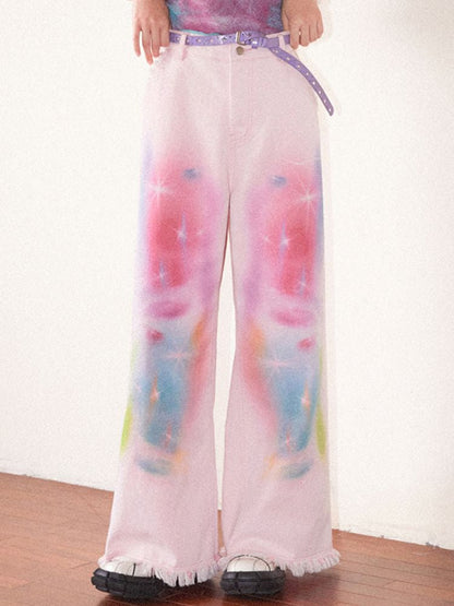 Straight Printed Raw Hem Jeans