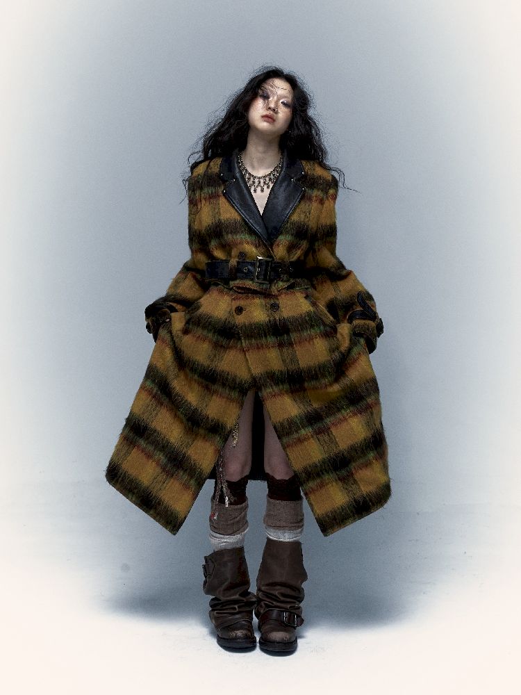 Reversible plaid patchwork leather trench coat