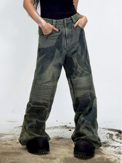 Dirty Dye Frayed Spliced Wide Leg Jeans